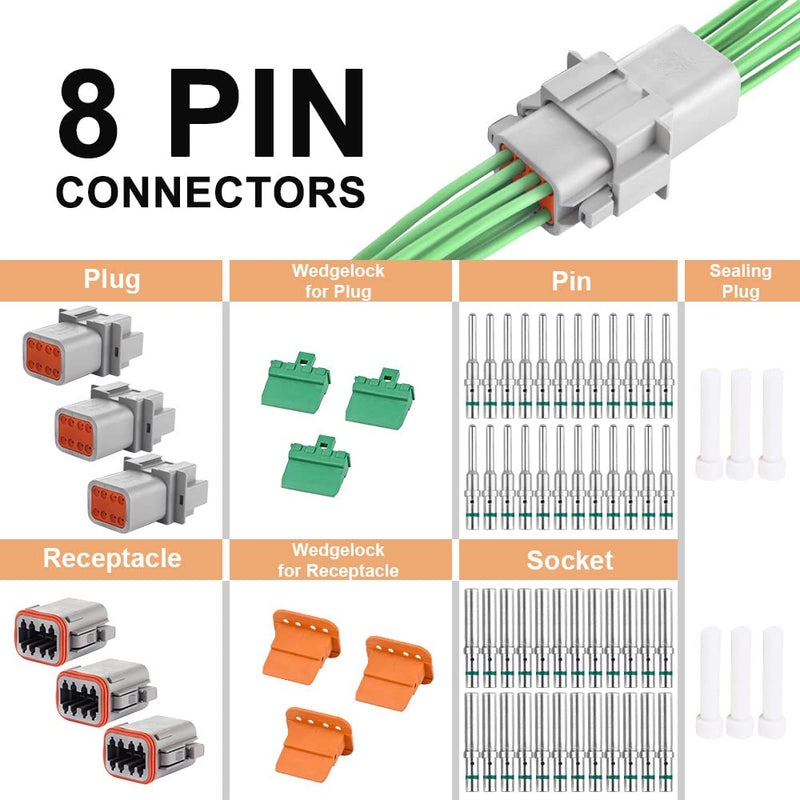 JRready ST6116 DT Connector 8 Pin Gray Waterproof Electrical Wire Connector Plug Receptacle with Solid Contact and Seal Plug,3 Sets - Image 2